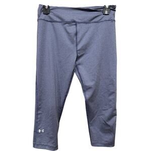 Under Armour Women Capri Leggings Pants M Striped Blue HeatGear Compression